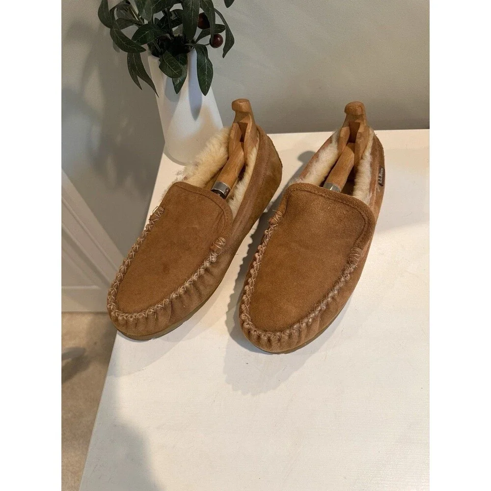 L.L.Bean Men's Wicked Good Shearling Slipper Moccasins Brown Suede Size 9 M